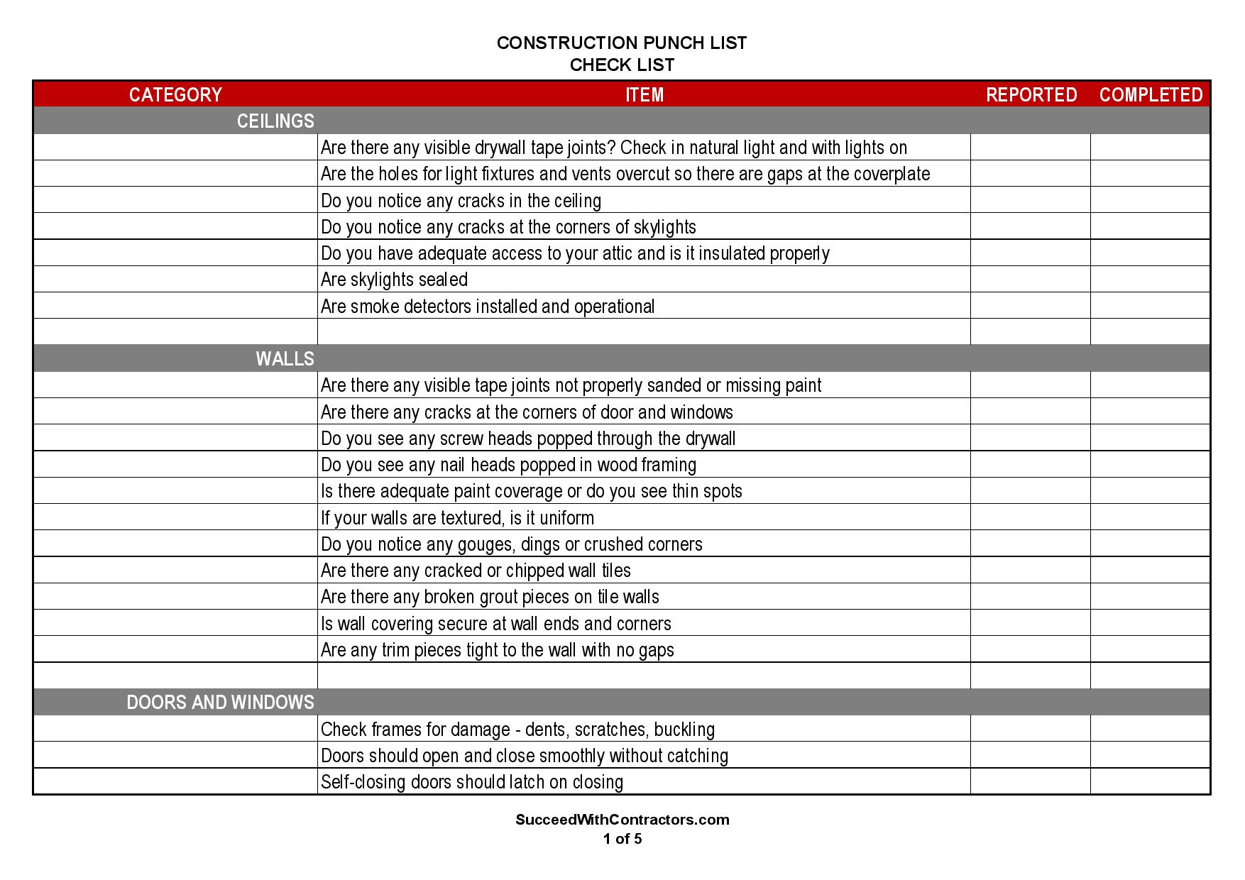 Procore Punch List Template