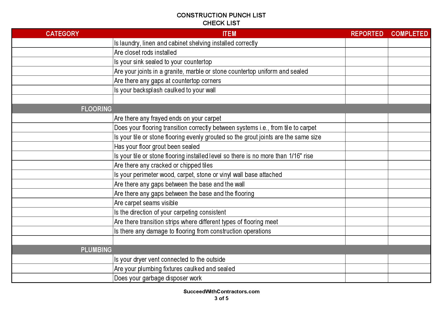 Construction Punch List Template