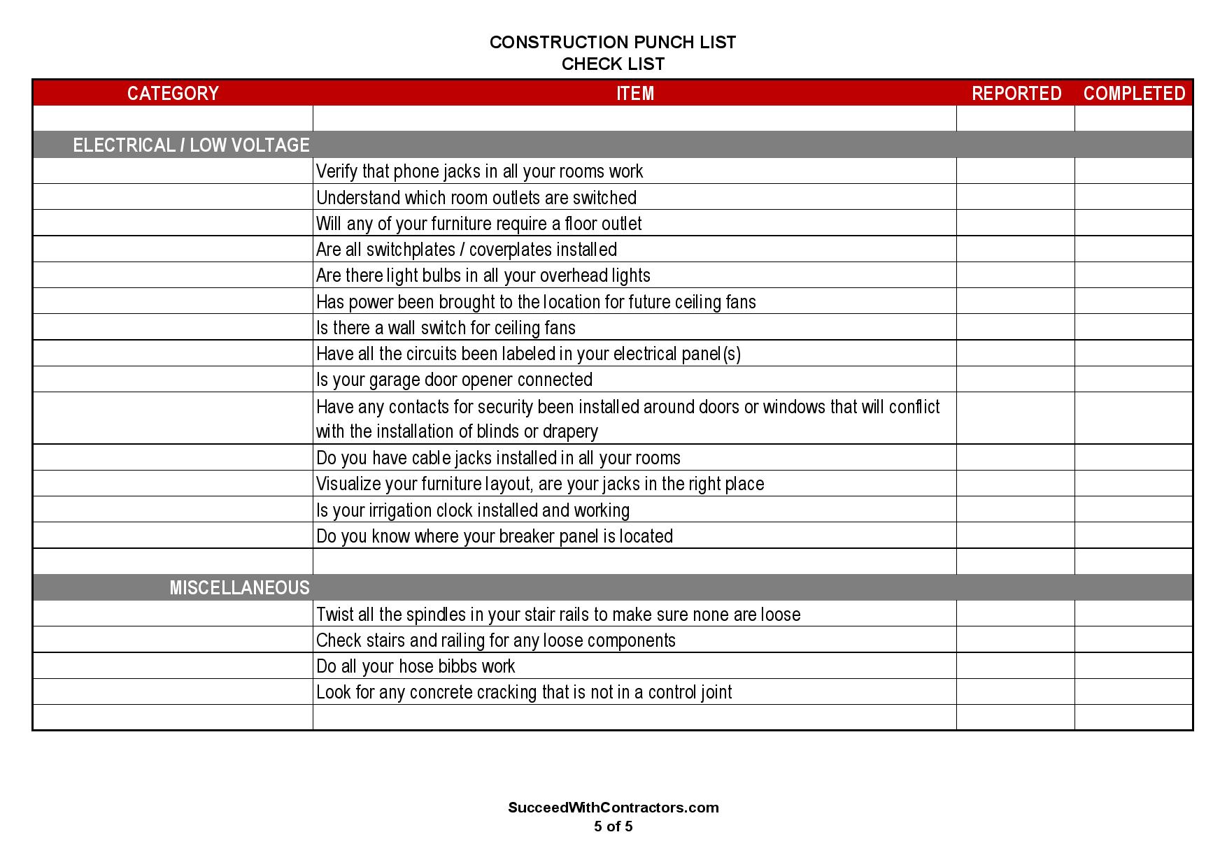 Electrical Punch List Template